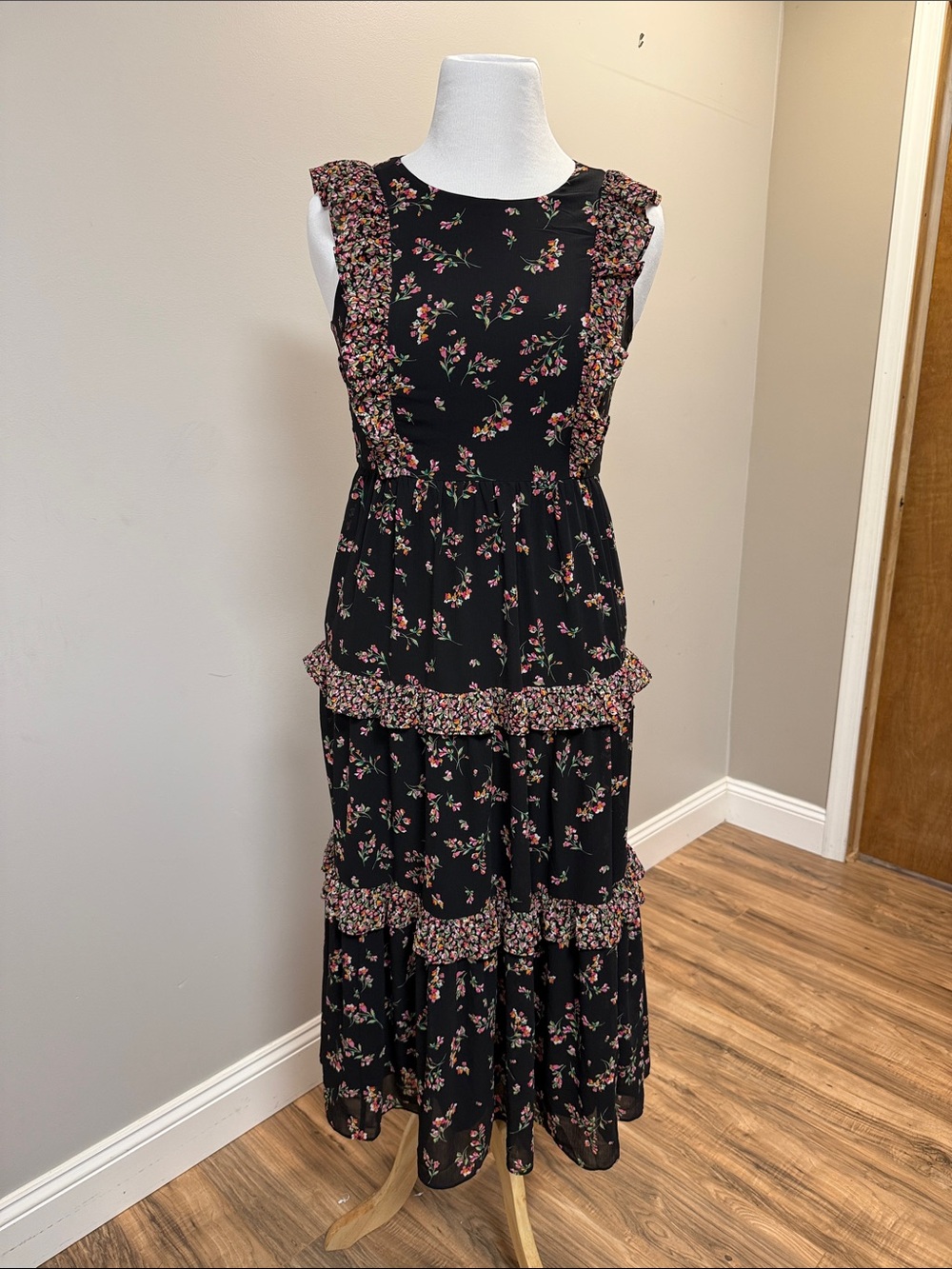 J. Crew Black Floral Ruffle-Trim Maxi Dress
